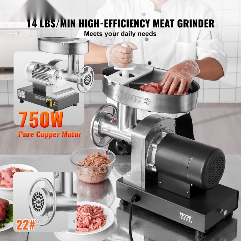 Sähköinen lihamylly 750 watin ruostumaton teräs 22-koko kolme makkarasuutinta