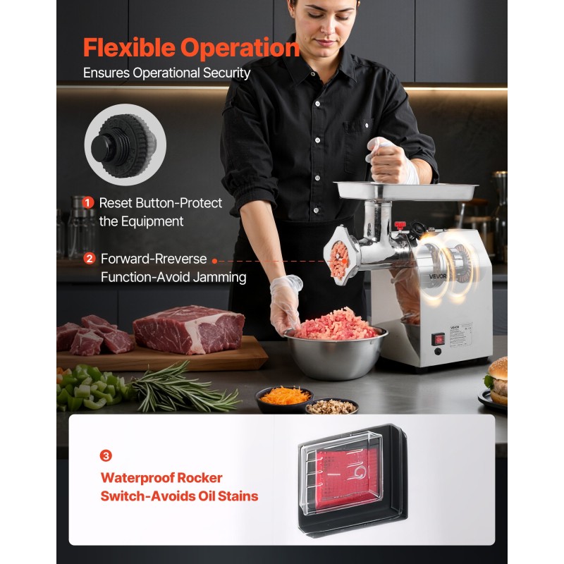 Sähköinen lihamylly 22-kokoinen ruostumatonta terästä teho 1100 wattia 4,2 kilogrammaa minuutissa ammattikäyttöön