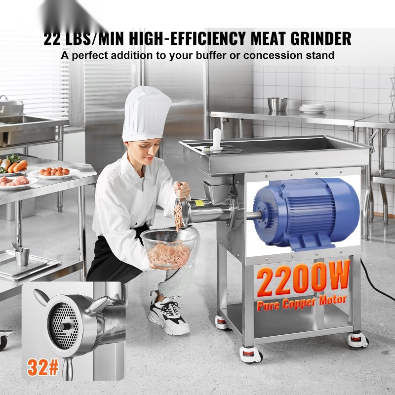 Sähkökäyttöinen ruostumaton teräs lihamylly 2200W 32 suuaukolla makkarasuppilolla ammattikäyttöön