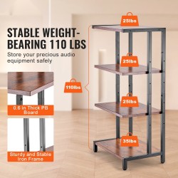 4-tasoinen kulmamallinen AV-mediateline PB-levyhyllyillä ja jauhemaalatulla teräsrungolla säädettävillä hyllykorkeuksilla