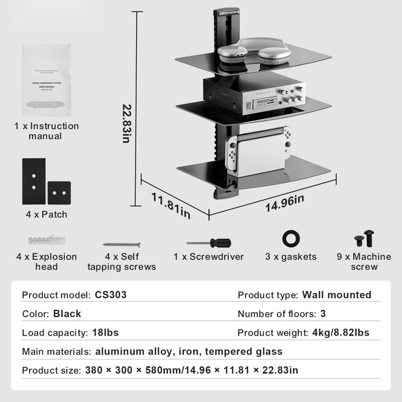 Seinäkiinnitteinen 3-tasoinen karkaistu lasihylly audiovisuaalisille laitteille musta metallirunko