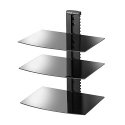 Seinäkiinnitteinen 3-tasoinen karkaistu lasihylly audiovisuaalisille laitteille musta metallirunko