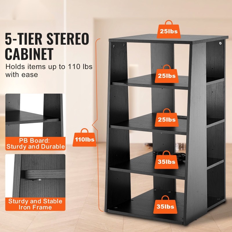 Lattiatasoinen 5-tasoinen AV mediateline PB-levyinen säädettävillä hyllyillä musta tammi