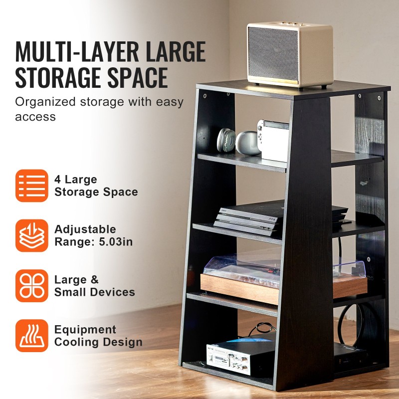 Lattiatasoinen 5-tasoinen AV mediateline PB-levyinen säädettävillä hyllyillä musta tammi