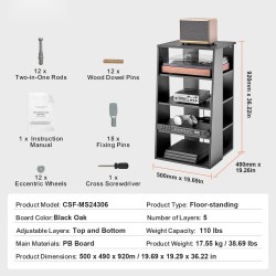 Lattiatasoinen 5-tasoinen AV mediateline PB-levyinen säädettävillä hyllyillä musta tammi