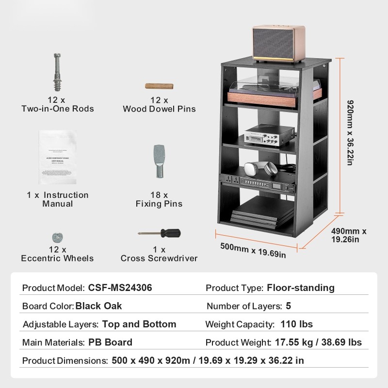 Lattiatasoinen 5-tasoinen AV mediateline PB-levyinen säädettävillä hyllyillä musta tammi
