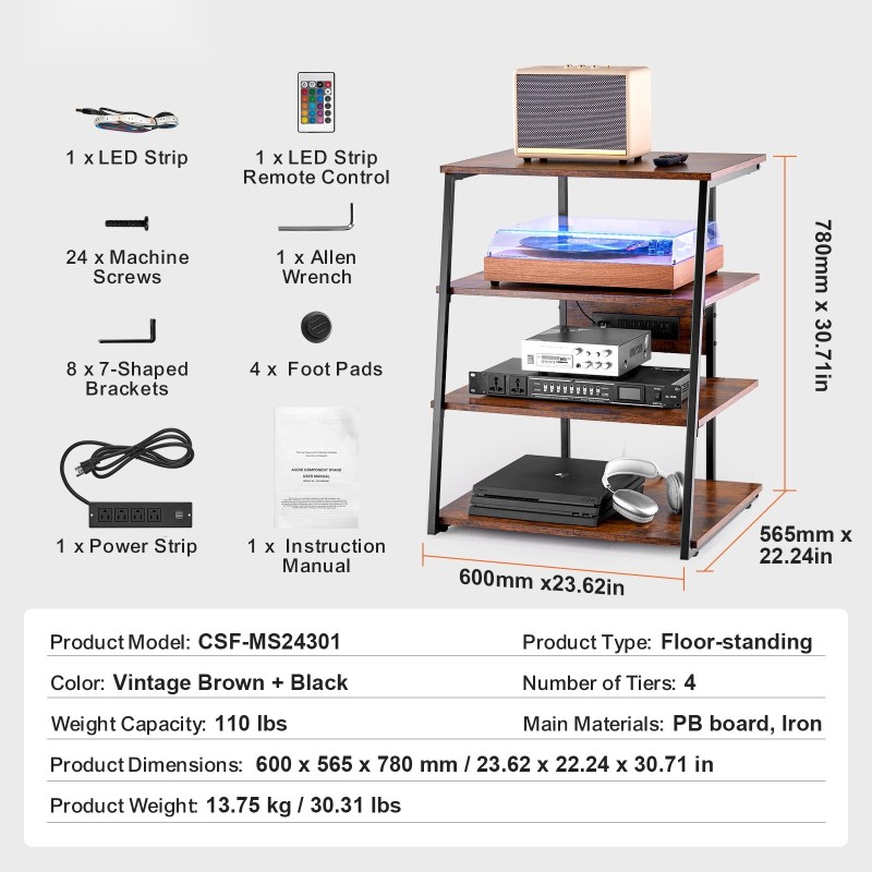 Lattiatasoinen 4-tasoinen kulmateline PB-levyinen rautarunko säädettävät hyllyt integroidut pistorasiat LED-valaistus