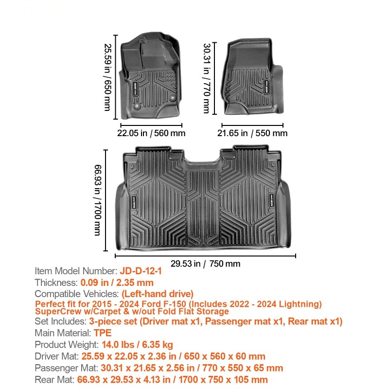 Auton lattiamatot TPE 3-osainen Ford F-150 SuperCrew 2015–2024 musta