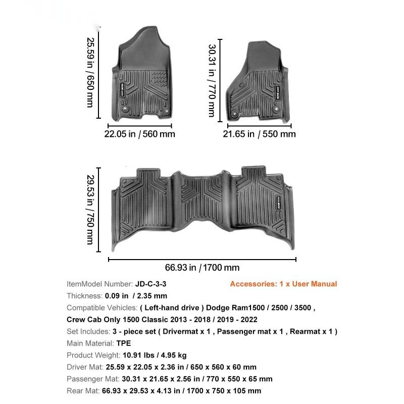 Auton lattiamatot TPE-muovi 3-osainen Dodge Ram Crew Cab vasemmanpuoleiseen ohjaukseen musta