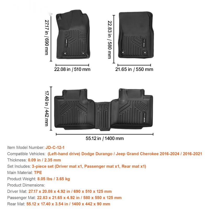 Auton TPE lattiamatot 3-osainen etu ja toiseen penkkiriviin musta Durango Grand Cherokee