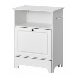 Koiran ruokinta asema nostetuilla kulhoilla melamiinipintainen valkoinen kaksi ruostumatonta kulhoa säilytystilalla