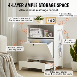 Koiran ruokinta-asema nostetuilla kulhoilla melamiinipintainen valkoinen kaksi ruostumatonta kulhoa säilytystilalla