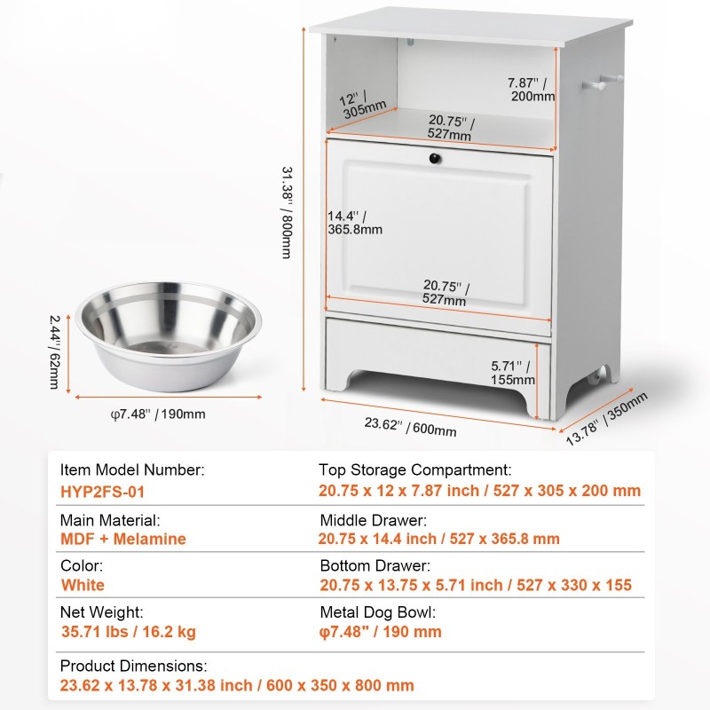 Koiran ruokinta-asema nostetuilla kulhoilla melamiinipintainen valkoinen kaksi ruostumatonta kulhoa säilytystilalla