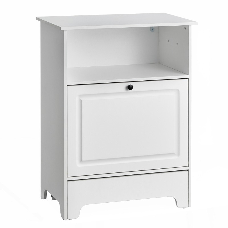 Koiran ruokinta-asema nostetuilla kulhoilla melamiinipintainen valkoinen kaksi ruostumatonta kulhoa säilytystilalla