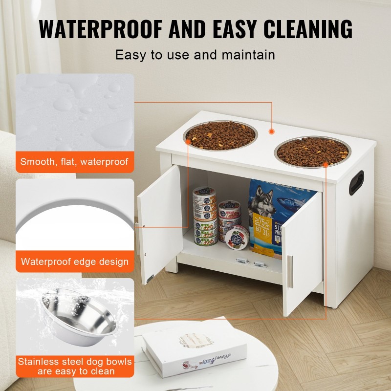 Korotettu koiran ruokintapiste valkoinen melamiini kaksi ruostumatonta teräskulhoa säilytyskaappi