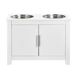 Korotettu koiran ruokintapiste valkoinen melamiini kaksi ruostumatonta teräskulhoa säilytyskaappi