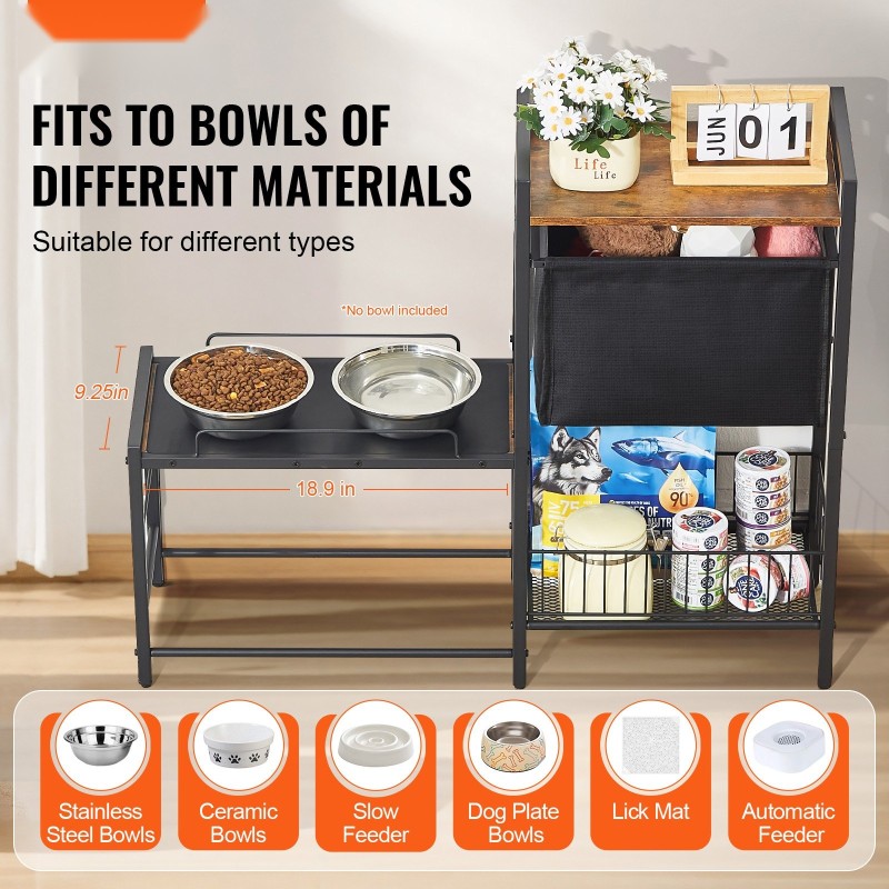 Korotettu koiran ruokakuppiteline säädettävällä korkeudella metallirungolla ja säilytyskaapilla sopii eri kokoisille koirille