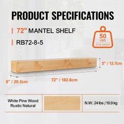 Seinälle asennettava kelluva takkahylly valkomäntyinen 72x8x5 tuumaa kantavuus 22,7 kg