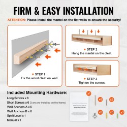 Seinälle asennettava kelluva takkahylly valkomäntyinen 72x8x5 tuumaa kantavuus 22,7 kg