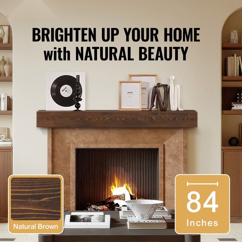 Seinäkiinnitteinen kelluva takkahylly valkomännystä 84 tuumaa 8 tuumaa 6 tuumaa ruskea