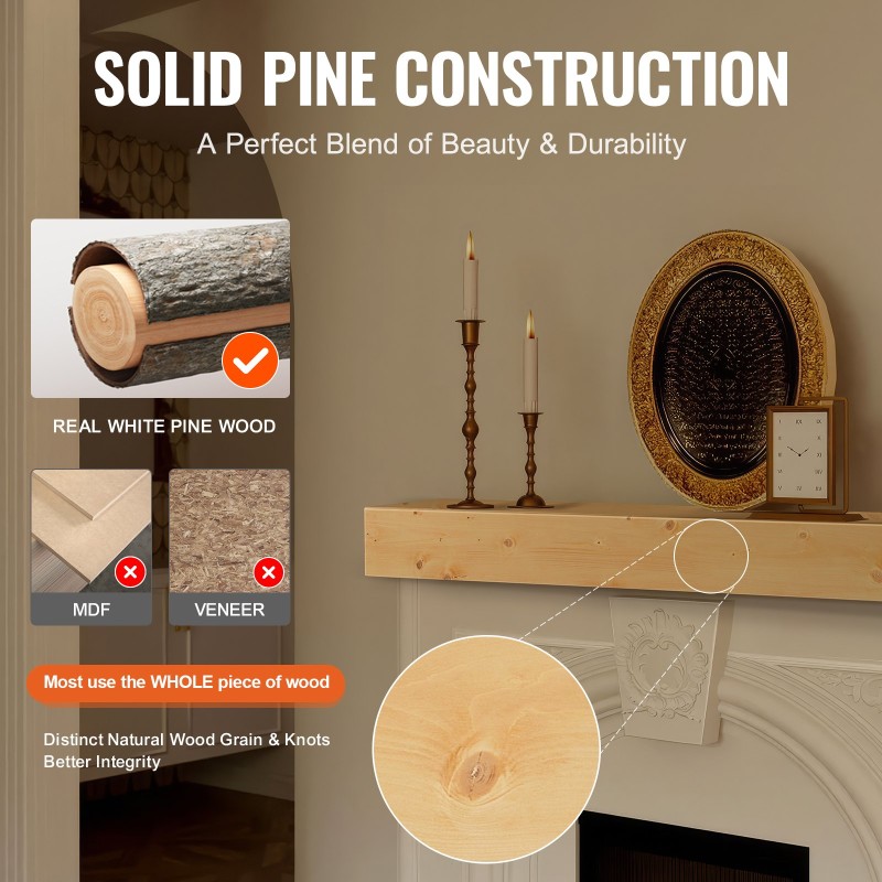 Seinään kiinnitettävä leijuva takkahylly valkomännystä 60" x 8" x 6" 22,7 kg kantavuus