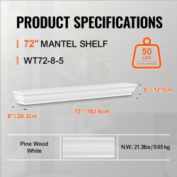 Seinään kiinnitettävä mäntypuinen takkahylly 72 x 8 x 5 tuumaa valkoinen