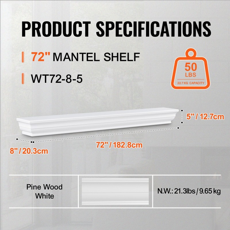 Seinään kiinnitettävä mäntypuinen takkahylly 72 x 8 x 5 tuumaa valkoinen