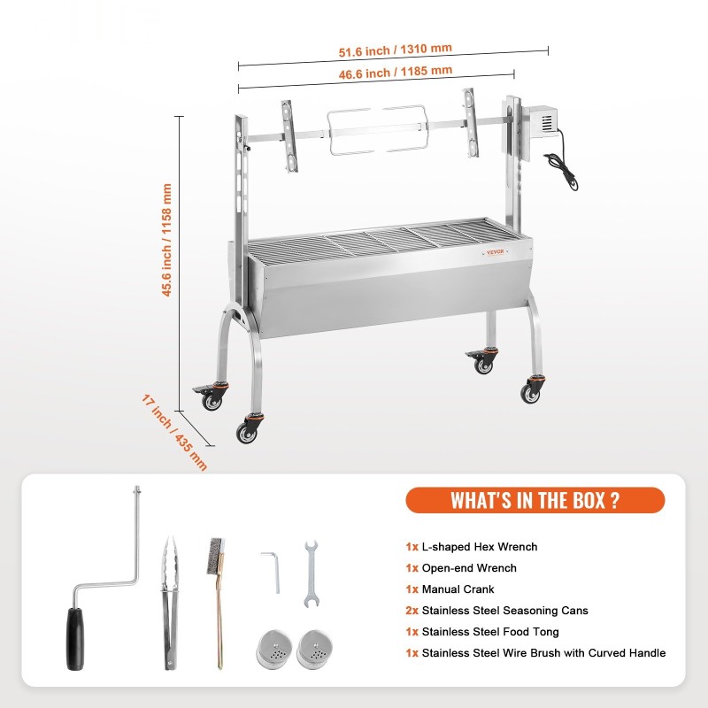 Roottisserie-grilli ulkokäyttöön ruostumaton teräs 52W kantavuus 89,8 kg