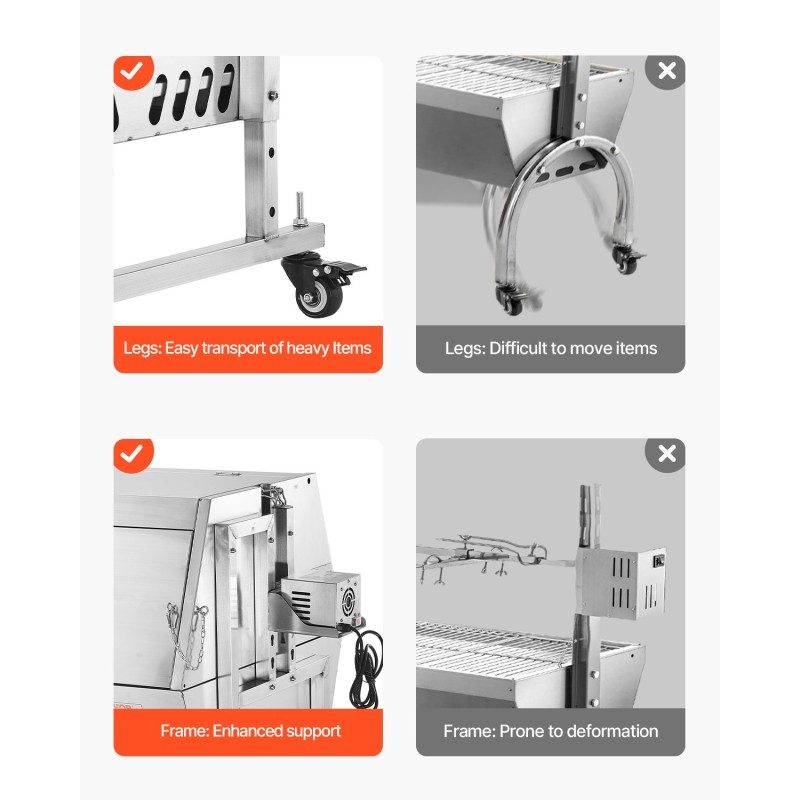 Sähköinen grillivarras ruostumaton teräs 56 tuumaa 130 kilogramman kantavuus lukittavilla pyörillä