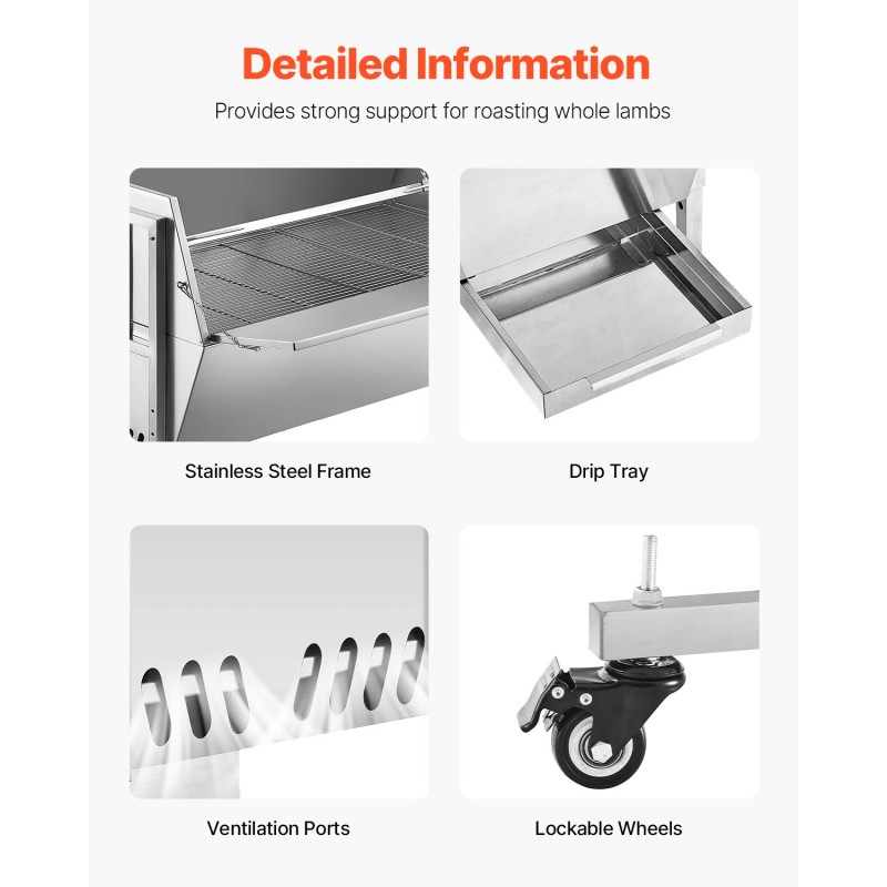 Sähköinen grillivarras ruostumaton teräs 56 tuumaa 130 kilogramman kantavuus lukittavilla pyörillä