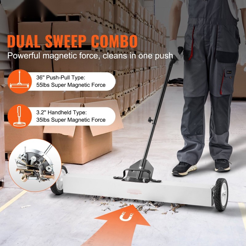Magneettinen lakaisulaite 36 tuuman pyörillä 24,9 kilogramman vetovoima säädettävällä varrella ja teleskooppipoimurilla