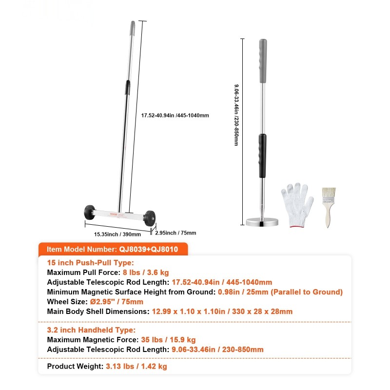 Magneettiharava 15-tuumainen pyörillä säädettävällä varrella teleskooppisella magneettipoimintatyökalulla 3,6 kg vetovoimalla