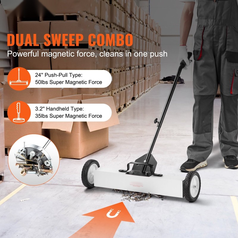 Magneettiharava 24 tuuman pyörillä 22,6 kilogramman vetovoima säädettävällä varrella teleskooppinen poimintatyökalu