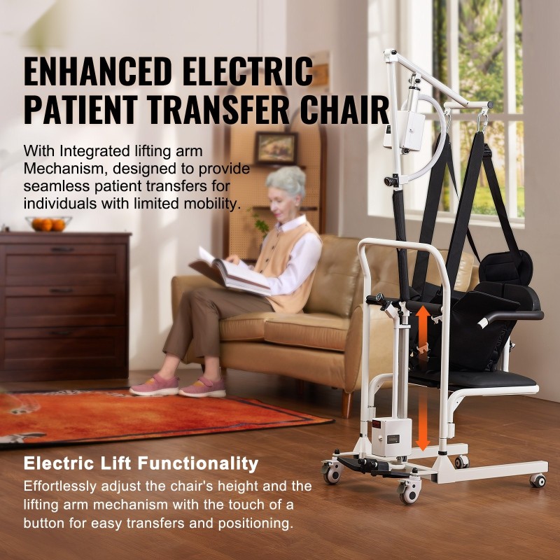 Sähköinen siirto- ja nostotuoli teräsrunko säädettävällä korkeudella valjaallinen 180 asteen jaettava istuin