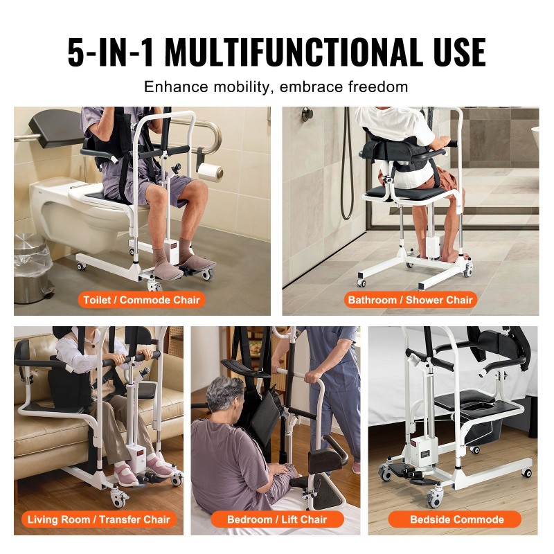 Sähköinen siirto- ja nostotuoli teräsrunko säädettävällä korkeudella valjaallinen 180 asteen jaettava istuin