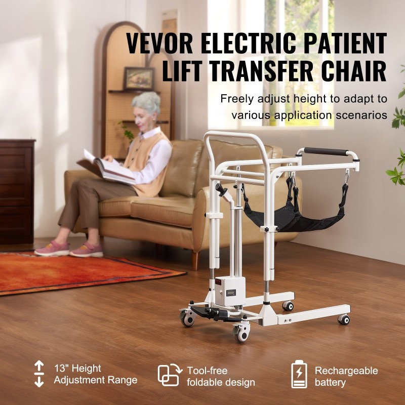 Sähkökäyttöinen potilasnostotuoli teräsrunko säädettävä 330 mm korkeus lukittavat pyörät kaksi istuintyynyä