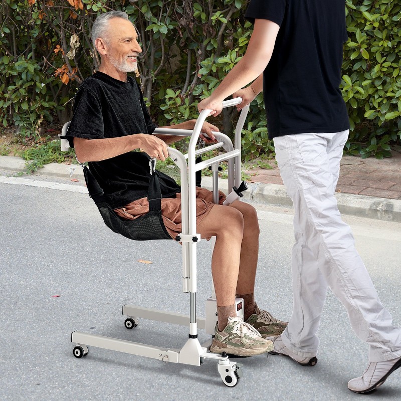 Sähkökäyttöinen potilasnostotuoli teräsrunko säädettävä 330 mm korkeus lukittavat pyörät kaksi istuintyynyä