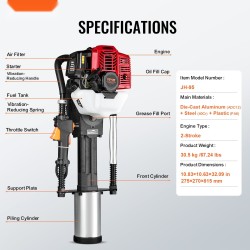 Bensiinikäyttöinen 52cc 2‑tahti paalutuskone 1,4 kW holkit 49/69/100 mm aitojen asennukseen