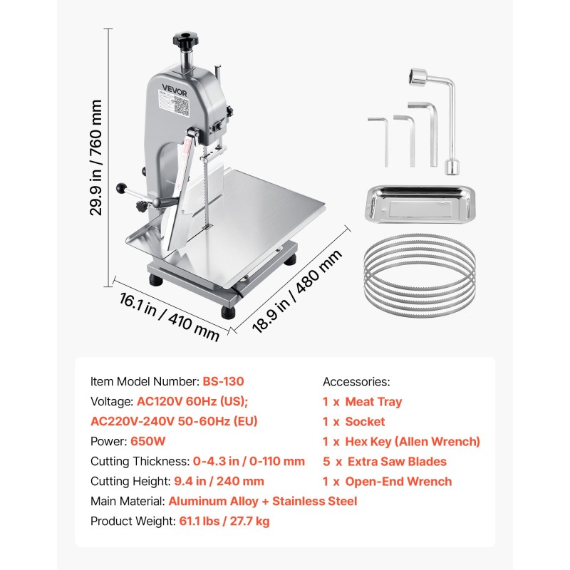 Sähköinen lihasaha 650W ruostumaton työtaso 315x460 mm 110 mm leikkuupaksuus ammattikäyttöön