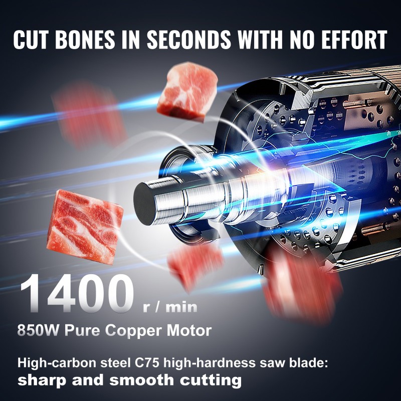 Sähkökäyttöinen luu ja lihasaha 850W ruostumaton työtaso 5 terää