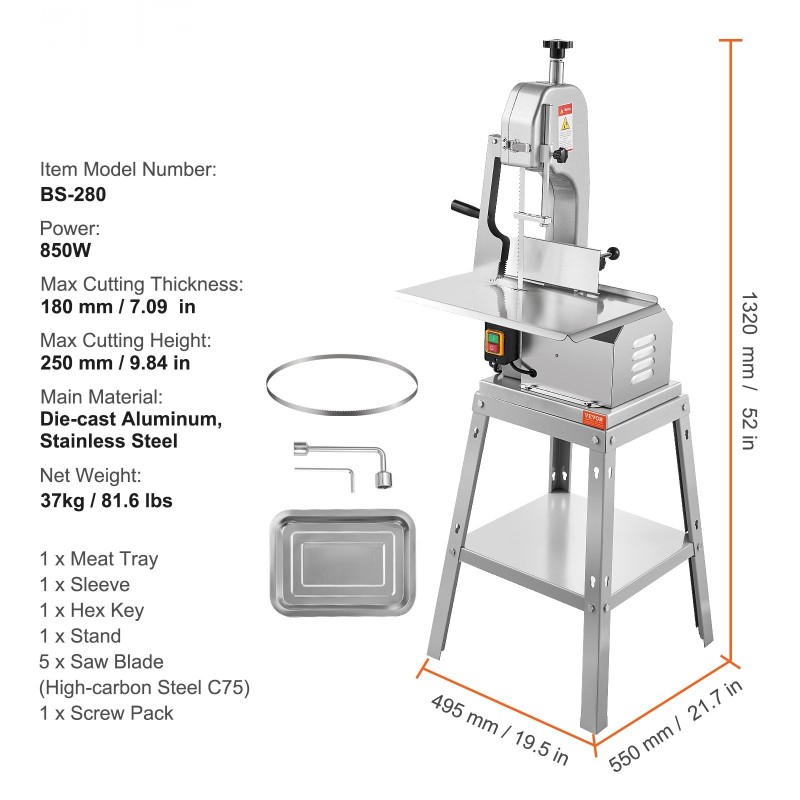 Sähkökäyttöinen luu ja lihasaha 850W ruostumaton työtaso 5 terää