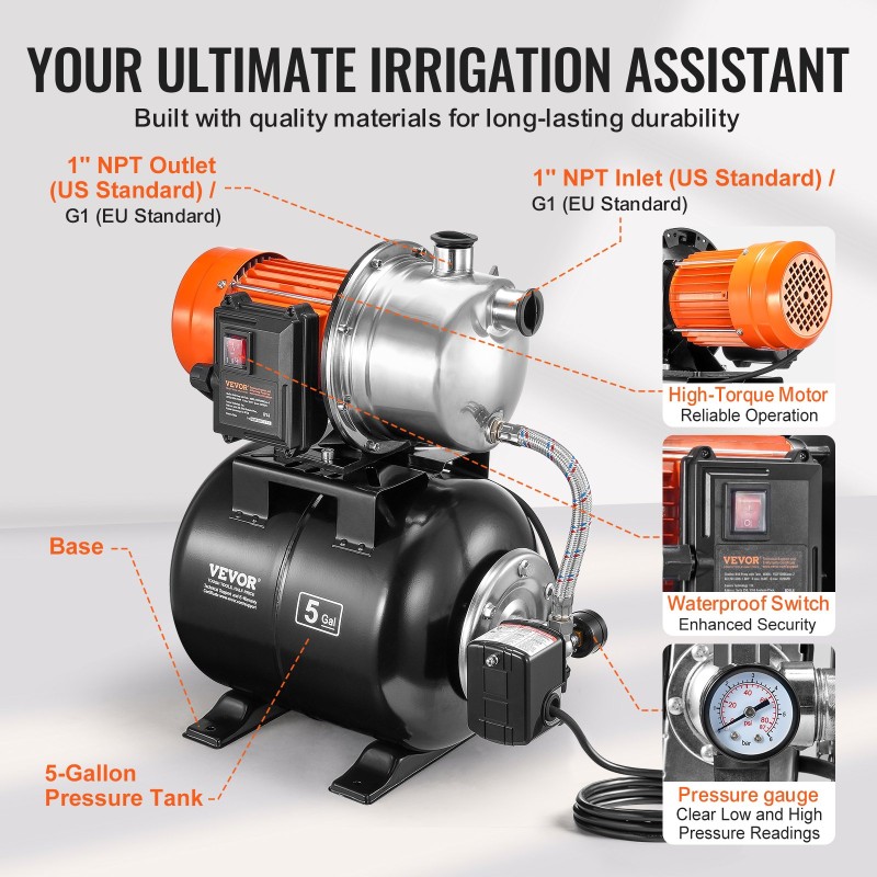 Pintakaivopumppu 1,6 hv 5600 l/h 19 l paineastiolla ruostumattomalla pumppupäällä