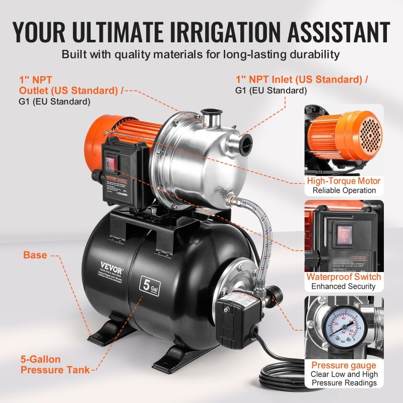Pintakaivopumppu 735 W 304-ruostumaton pumppupää 19 l paineastiolla 39,6 m nostokorkeus
