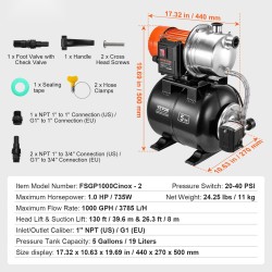 Pintakaivopumppu 735 W 304-ruostumaton pumppupää 19 l paineastiolla 39,6 m nostokorkeus