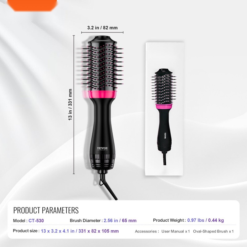 Kuumailmaharja nelitoimintoinen keraaminen pinnoite 65 mm soikea harja 3 säädettävää lämpöasetusta