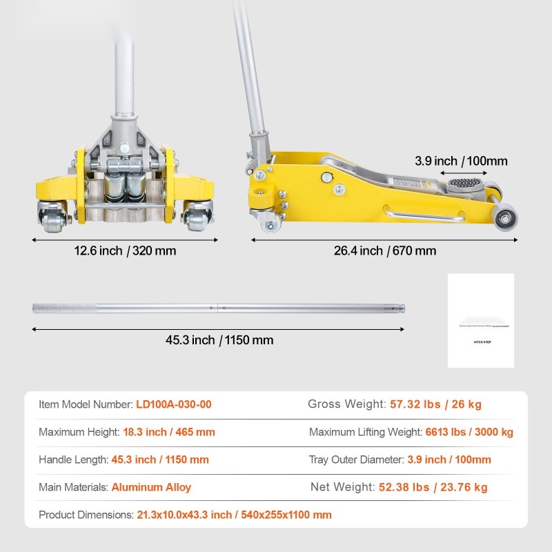Hallitunkki matalaprofiilinen alumiininen hydraulinen 3 tonnia nostokorkeus 93–465 mm kaksoismäntäpumppu