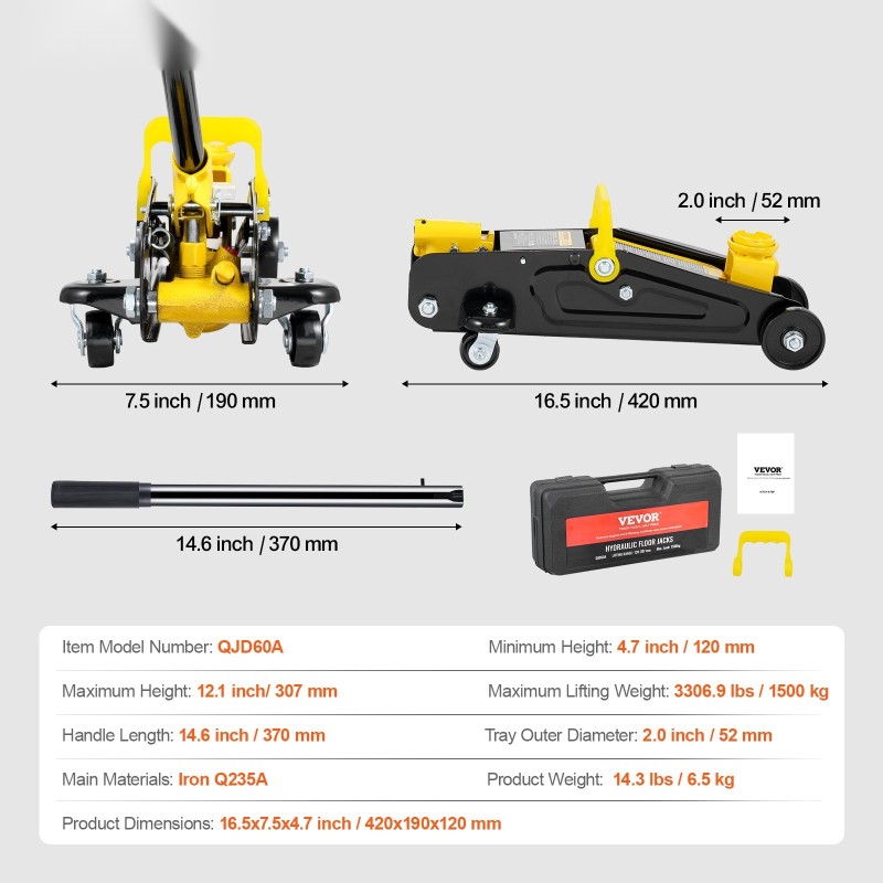 Lattiatunkki rautainen matalaprofiilinen 1500 kilogramman nostokyky 120–307 millimetriä yksimäntäinen pumppu