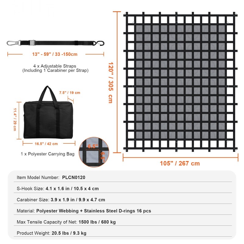 Kuormaverkko polyesteri 3020×2670 mm 680 kg kantavuus 4 säädettävää hihnaa