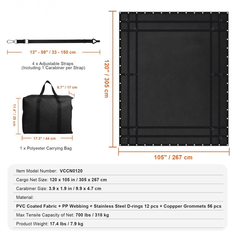 Kuormaverkko PVC-pinnoitettua kangasta 3050 x 2670 mm säädettävillä hihnoilla kumipäällysteisillä koukuilla