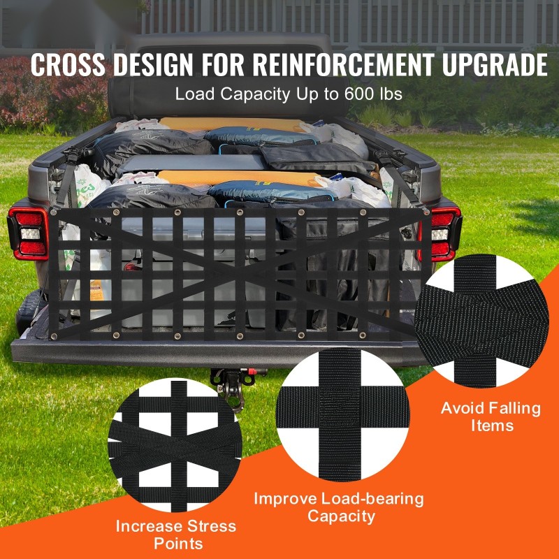 Takaluukun kuormaverkko polypropeeni 1370 x 460 mm 4 säädettävää teleskooppihihnaa ristiin vahvistettu